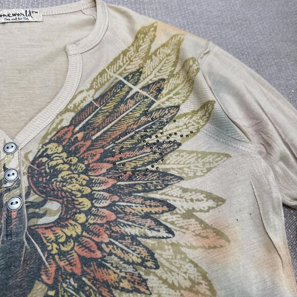 Y2K Long Sleeve Grunge Henley Shirt w/ Winged Heart Feathers Small Graphic tee - Picture 4 of 5